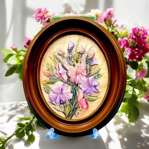 Vintage Wildflower Floral Painting In Oval Wooden Frame By Artist Signed L.P. 1980