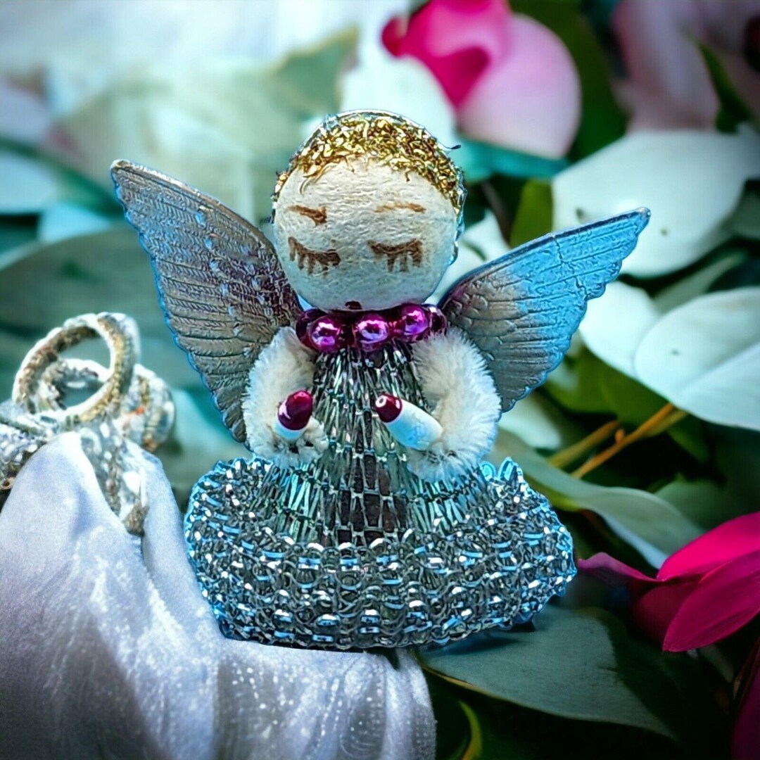 Vintage Angel Ornament Glittering Silver Mesh Foil Wings Pink Mercury ...