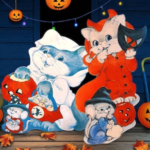 May include: Vintage Halloween-themed cutouts featuring cartoon cats and a mouse in costumes. The cats are dressed as a ghost and a devil, while the mouse is a wizard. Pumpkins and autumn leaves complete the festive scene.