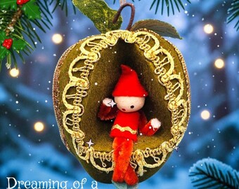 Vintage Pixie Elf in Flocked Green Apple Diorama Ornament Japan Gold Trim & Velvet Leaves 1960s Spun Cotton Chenille v6