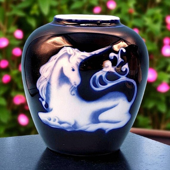 Vintage Unicorn Vase Cobalt Blue & White Porcelain Takahashi San