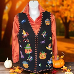 Halloween Sweater Vest Cats Pumpkin Witch Hats Embroidered Sequins Beads Size 18 Carolina Colours Plus Halloween Collector Vneck Zipper