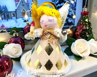 Ornamento vintage anni '50 a forma di angelo con motivo arlecchino dorato, capelli in cotone filato giallo, candela, perline di vetro mercurizzato, ali in lamina d'oro, Giappone g1