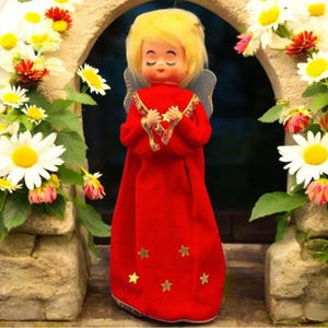 Angel Tree Topper In Red Velvet Dress With Gold Wings & Star Accents Sleepy Eyes 12&quot; Christmas Table Display Holiday Deco Gift Giving