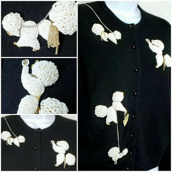 Vintage Poodle Sweater 1950s Black White Beaded Ca