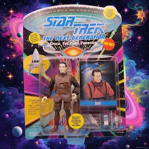 May include: A Star Trek: The Next Generation action figure of Lore, packaged on a colourful card. The figure is in a brown and tan uniform, with accessories. The packaging includes the text "NEW!" and "Exclusive Skybox Playmates Collector Card Included!"