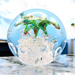 Art Glass Clear Controlled Bubble Green Floral Paperweight Sphere Vintage 2.5 inch Orb