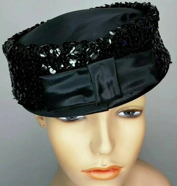 Vintage Fascinator Hat 1950s Pillbox Sequins Black