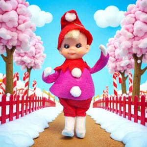 May include: A vintage elf doll with a red hat and pink outfit, accented with white pom-poms, stands on a path lined with a red fence and candy canes. The background features pink, fluffy trees and a blue sky, creating a whimsical scene.
