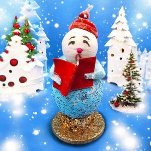Vintage Putz Spun Cotton Blue Snowman Caroler Ornament Chenille Mica Snow Accents