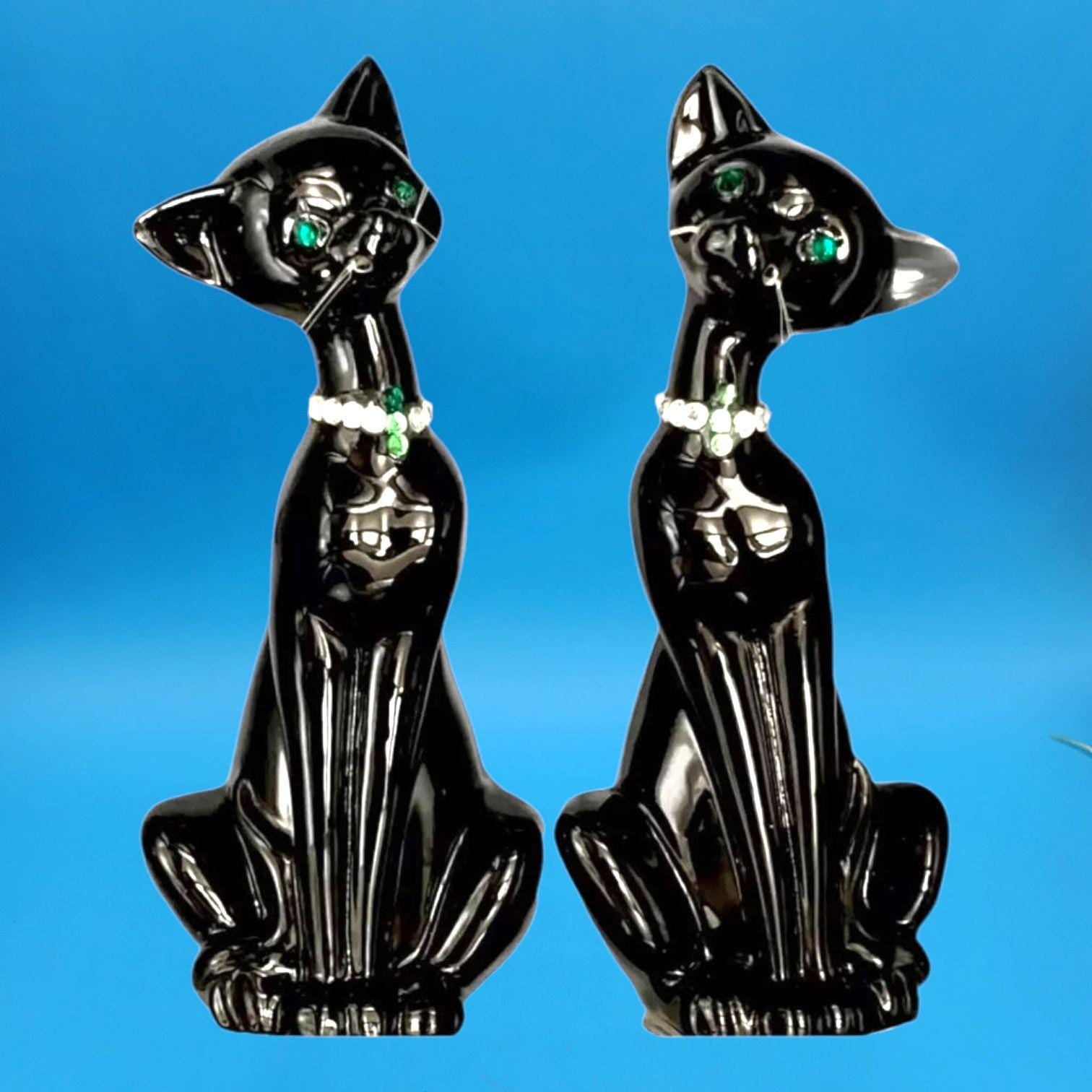 Black Cat Figurines Green Rhinestone Eyes & Jewel Collars Brinns