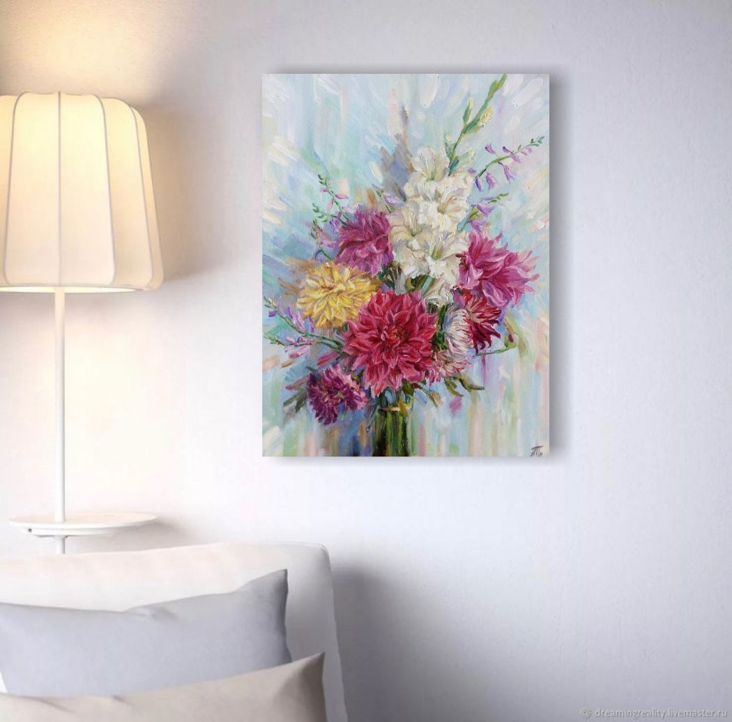 Original flower oil painting dahlias art bouquet painting | Etsy