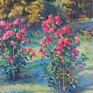 Rose garden Original oil painting, colorful landscape artwork, impressionism art, wall decor