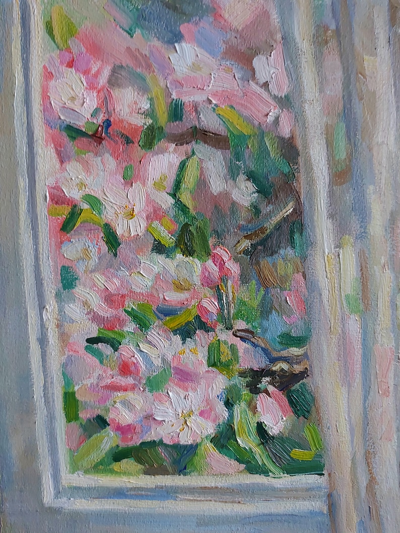spring painting impressionism painting spring art almond flowers painting cat art Original cat oil painting animal oil painting
