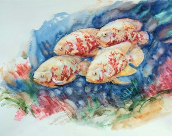 Fish Original watercolor painting, ocean wall art, blue painting,  room decor