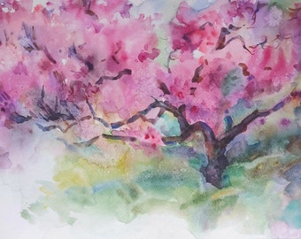 Spring landscape original watercolor painting,  colorful artwork with Blooming tree ,  pink wall decor