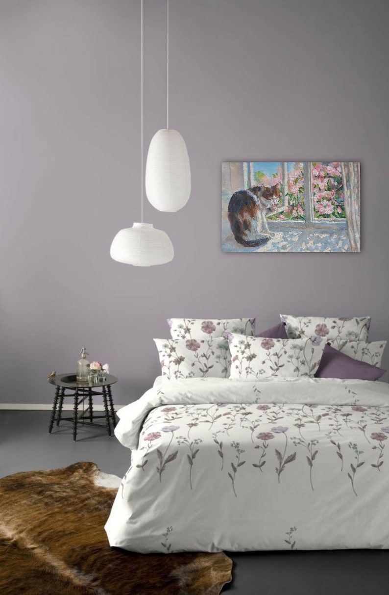 spring painting impressionism painting spring art almond flowers painting cat art Original cat oil painting animal oil painting