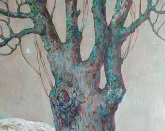 Soul of tree acrylic painting, mystical magical surreal landscape , original acrylic artwork, surrealism, silver wall decor