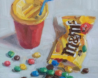 Coffee painting, still life original oil painting, colorful yellow mini painting for kitchen decor