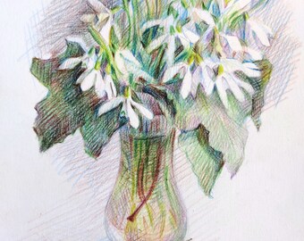 Original flower painting,  snowdrops painting,  flower illustrations,  botanical illustrations,  botanical painting, spring flowers art