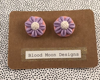 Handmade Purple and Pink Flower Stud Earrings (Medium)