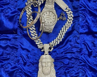 Best Hip Hop Jewelry Combo Set | Jesus Pendant with 14mm Cuban Chain | Diamond Studded Watch | 4 Carats Studs | 2 Bracelets | Festival Offer