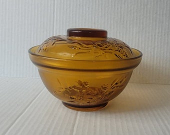Vintage Amber Glass Pasari Stamped Decorative Bowl and Lid