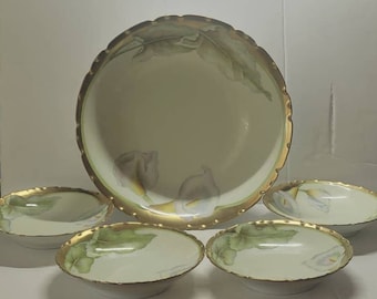Bavaria Tirschenreuth Centerpiece with 3 Bowls Nouveau Call Lily Double Gold 1903