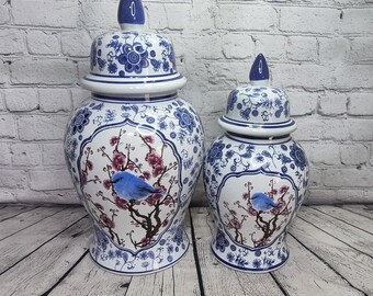 Vintage Temple Jars With blue Bird Vase with Lid by Sagebrook Home