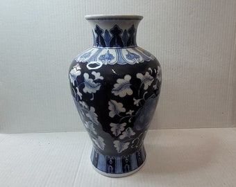 Blue and White Flower Embossed Ceramic Vase 12" Tall