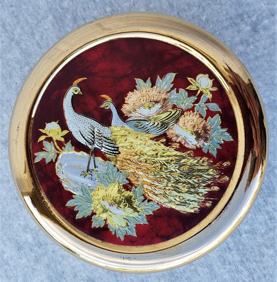Chokin Art Round White Porcelain Trinket Dish with 24K Peacocks and Flowers Design Asian Symbols on Lid.