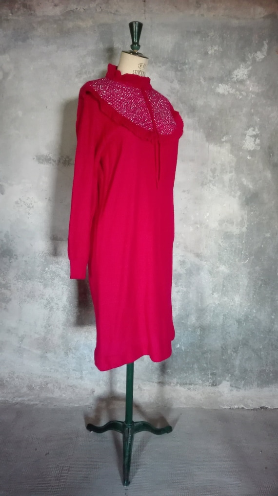 vintage raspberry red knit dress 1970
