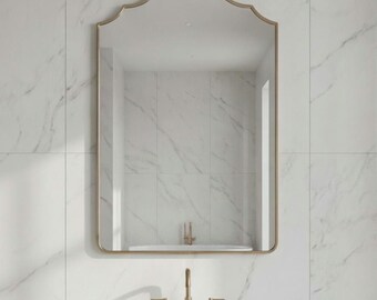 Curved Arch Brass Mirror, Handmade Vanity Mirror, Elegant Bathroom Wall Mirror, Antique Brass Frame