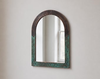 Handmade Arched Copper Patina Mirror, Verdigris Wall Mirror, Modern Vanity Mirror, Artisan Entryway Decor, Contemporary Statement Mirror