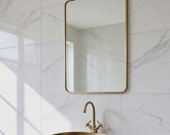 Rounded Rectangle Brass Mirror, Handmade Vanity Mirror, Modern Bathroom Wall Mirror, Moroccan Brass Decor, Luxury Gold Frame Mirror