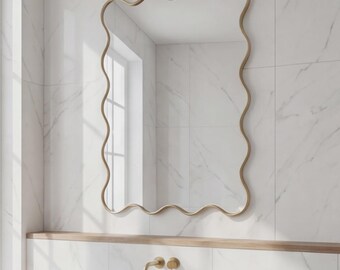 Scalloped Brass Mirror, Wavy Rectangle Wall Mirror, Handmade Bathroom Vanity Mirror, Curved Gold Frame Mirror
