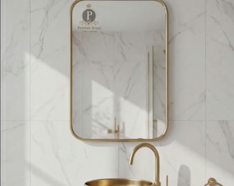 Rounded Rectangle Brass Mirror, Handmade Bathroom Vanity Mirror, Modern Gold Wall Mirror, Minimalist Brass Frame Mirror, Luxury Home Decor