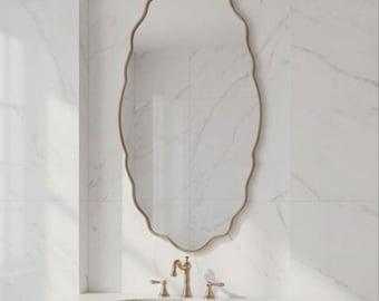 Scalloped Oval Brass Mirror, Handmade Wavy Wall Mirror, Modern Bathroom Vanity Mirror, Gold Brass Frame Mirror