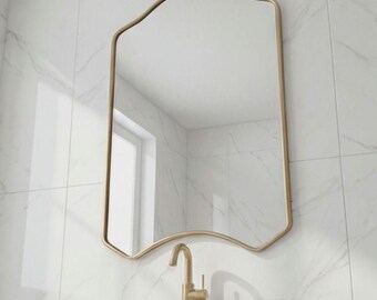 Curved Arch Brass Mirror, Scalloped Vanity Mirror, Handmade Gold Wall Mirror, Vintage Bathroom Mirror