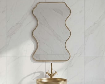 Asymmetrical Brass Mirror, Organic Wall Mirror, Handmade Bathroom Mirror, Wavy Vanity Mirror, Gold Framed Mirror, Luxury Home Decor