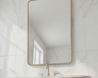 Rounded Rectangle Brass Mirror, Handmade Gold Bathroom Vanity Mirror, Modern Wall Mirror, Contemporary Brass Frame Mirror