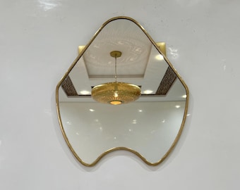 Oversized Brass Wall Mirror, Giant Irregular Wavy Mirror, Antique Italian Brass Mirror, Large Bathroom Mirror, Decorative Wall Frame Mirror