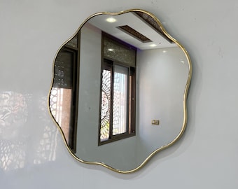 Round Standing Mirror, Gold Mirror, Wavy Brass Mirror, Irregular Scalloped Wall Mirror, Asymmetrical Bathroom Mirror, Large Decorative Brass