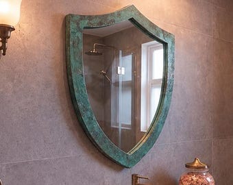 Shield Wall Mirror, Handmade Copper Mirror with Verdigris Patina, Medieval Inspired Accent Mirror, Rustic Bathroom Mirror