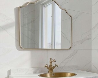 Scalloped Corner Brass Mirror, Curved Shoulder Bathroom Mirror, Handmade Brass Vanity Mirror, Rectangle Wall Mirror