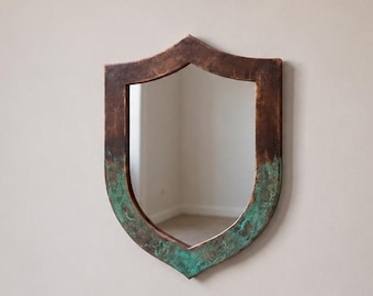 Shield Copper Mirror, Handmade Verdigris Patina Wall Mirror, Medieval Inspired Accent Mirror, Rustic Bathroom Mirror, Entryway Decor