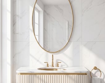 Oval Brass Mirror, Gold Framed Bathroom Mirror, Modern Wall Mirror, Vertical Vanity Mirror, Elegant Brass Wall Decor