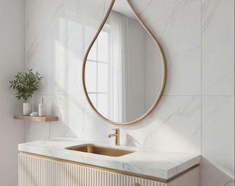 Teardrop Brass Mirror, Handmade Moroccan Bathroom Mirror, Organic Vanity Mirror, Gold Wall Mirror, Water Drop Brass Frame Mirror