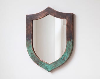 Verdigris Copper Shield Mirror, Medieval Inspired Wall Mirror, Artisan Bathroom Vanity Mirror, Rustic Modern Statement Decor