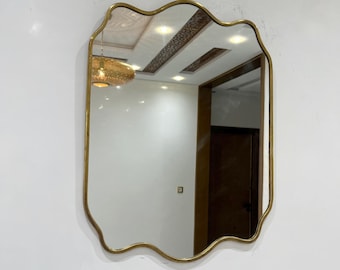 Large Gold Art Deco Mirror, Irregular Decorative Brass Mirror, Rectangle Bathroom Mirror, Vintage Wall Mirror, Bedroom and Entryway Mirror